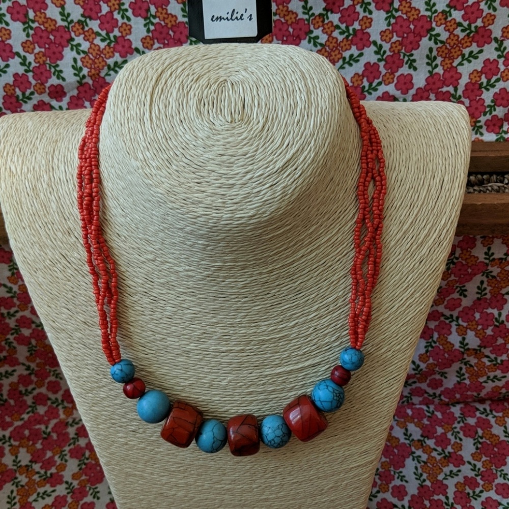 Red and turquoise handmade beaded necklace